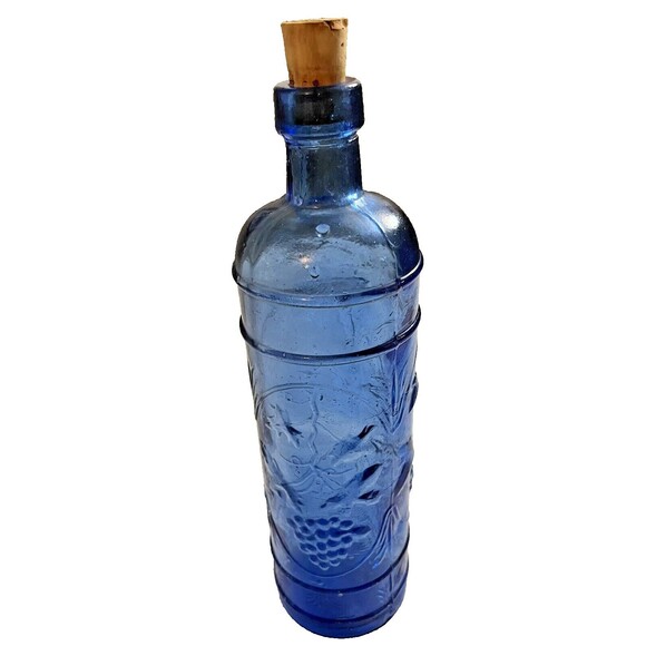 Vintage Cobalt Blue Glass Bottle Decanter Grape Embossed Wine Oil 12in Cork Stop - Picture 1 of 3